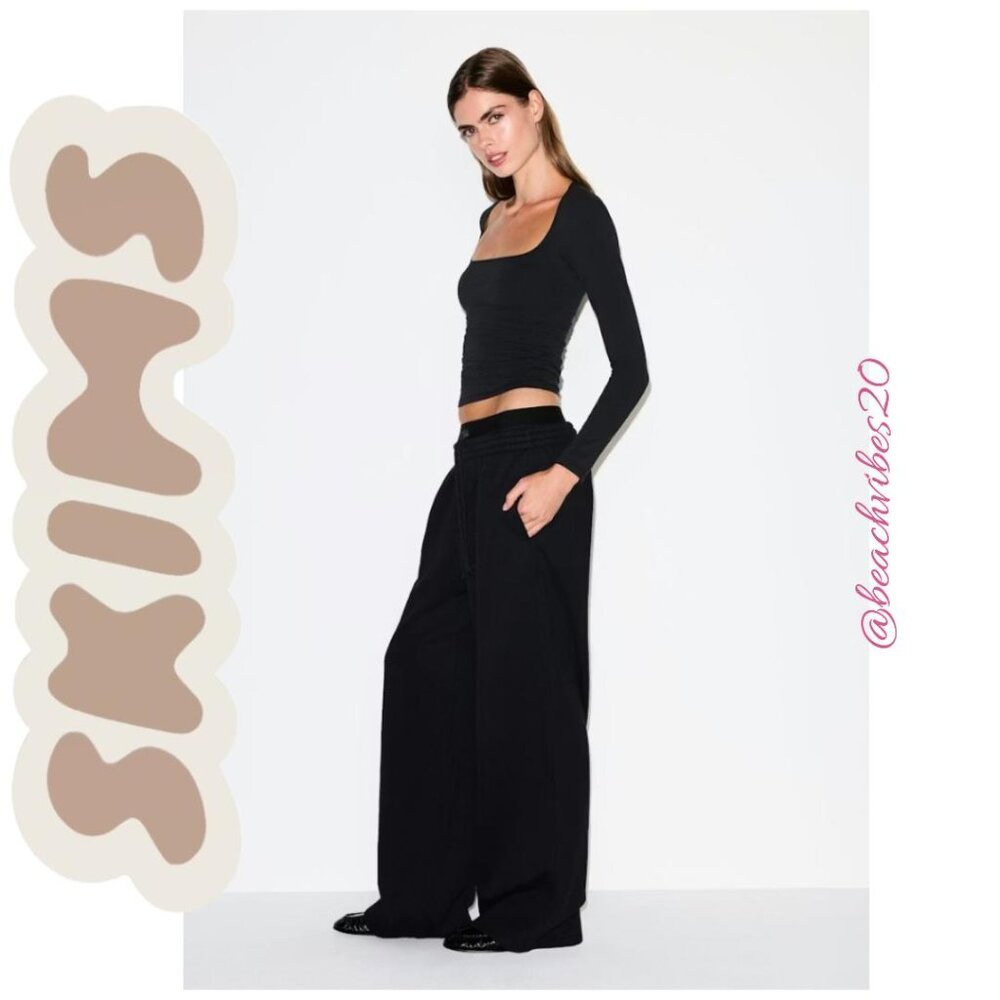 SKIMS Cotton Fleece Oversized Double Waistband Pant Onyx Large NWT O-429 - Picture 2 of 12